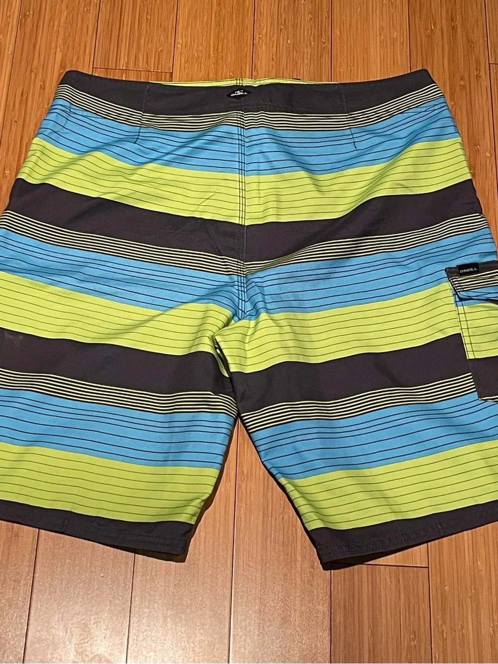 O'Neill Men's Blue, Lime Green & Black Striped Board Shorts